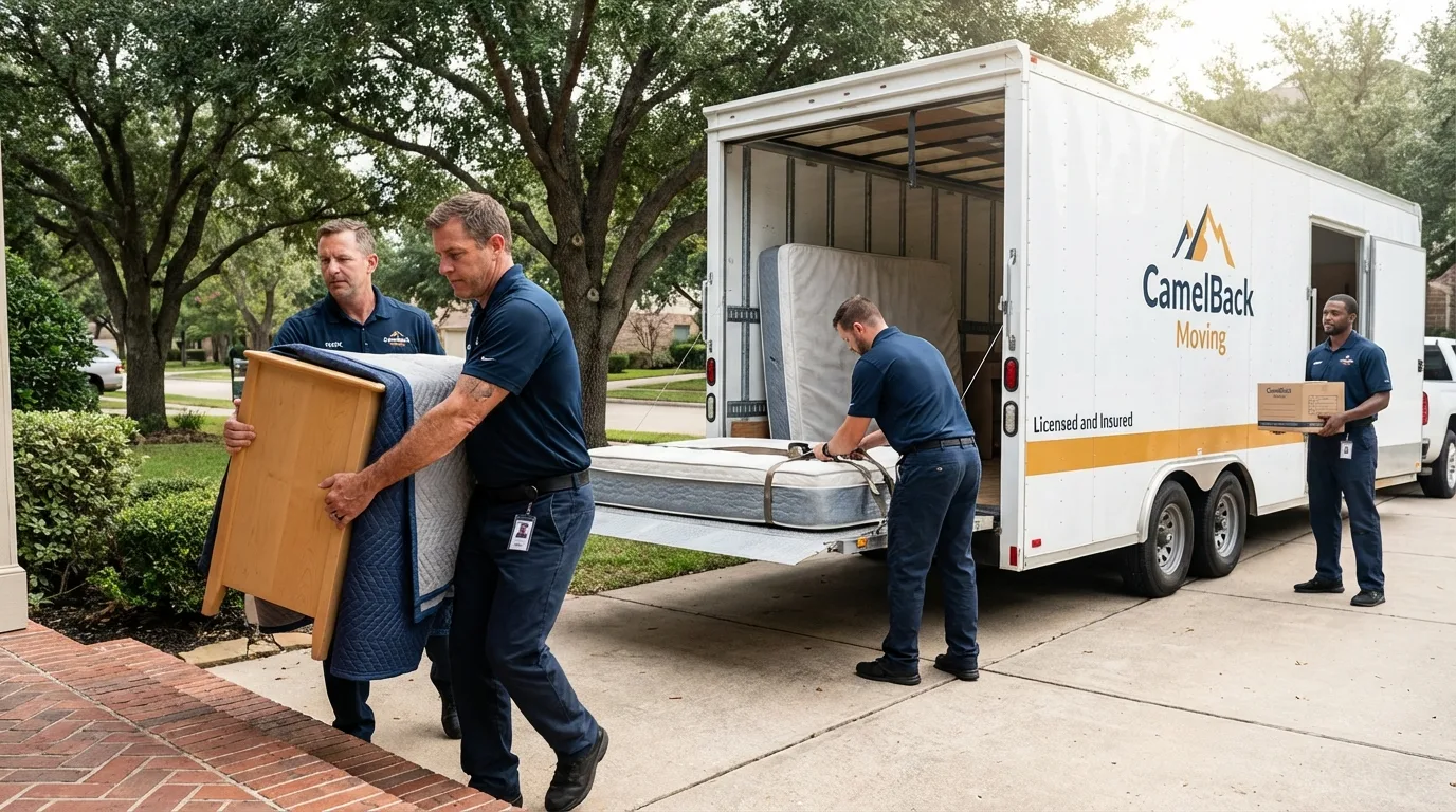 Crew loading residential truck for cross-state move from Marshfield, WI