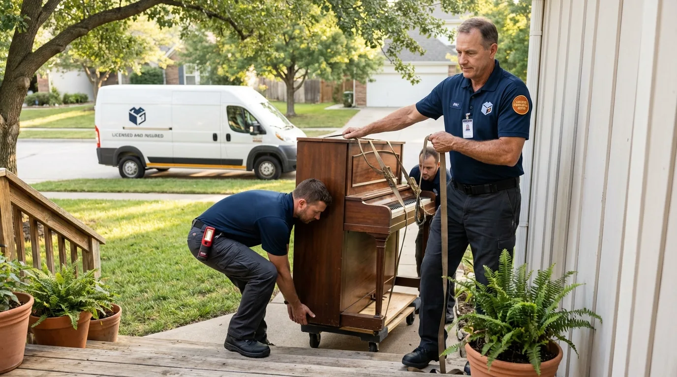 Licensed piano movers securing grand piano in Marshfield, WI