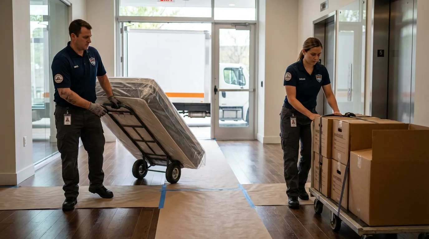 Professional apartment movers loading elevator in Marshfield, WI