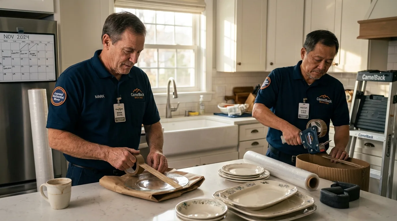 Professional crew packing kitchen dishware in Marshfield, WI